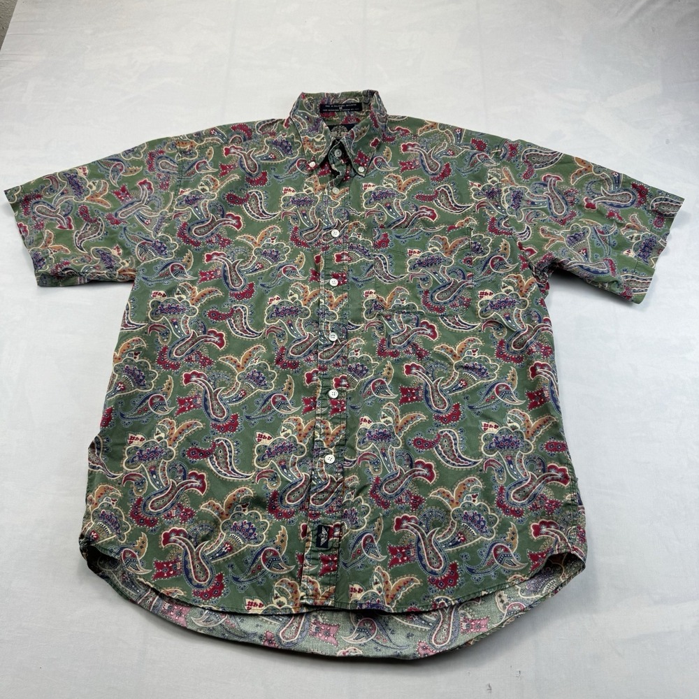 Dockers Men's M Green Paisley Short Sleeve Button Down Shirt 100% Cotton
